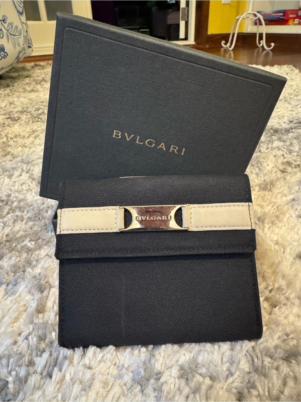 BVLGARI Black Canvas Wallet with Beige Accent
